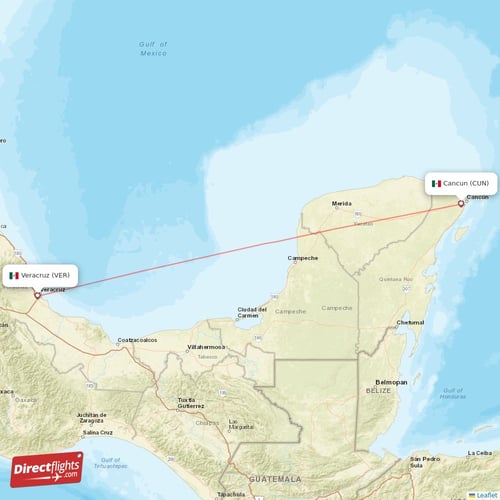 Veracruz - Cancun direct flight map