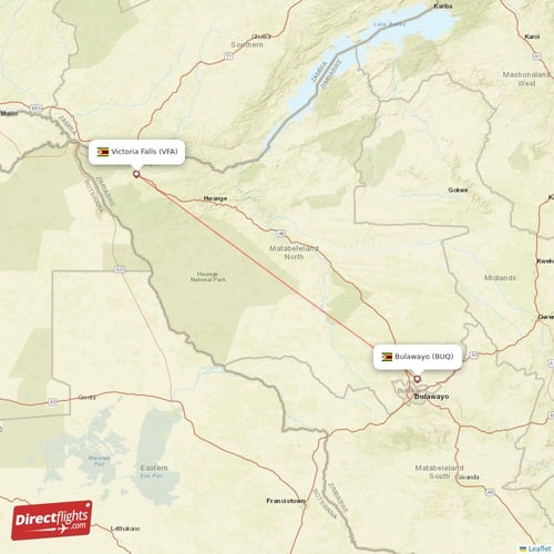 Victoria Falls - Bulawayo direct flight map