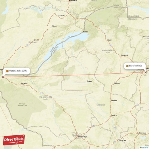 Victoria Falls - Harare direct flight map