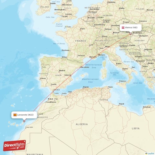 Vienna - Lanzarote direct flight map