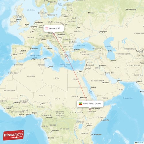 Vienna - Addis Ababa direct flight map