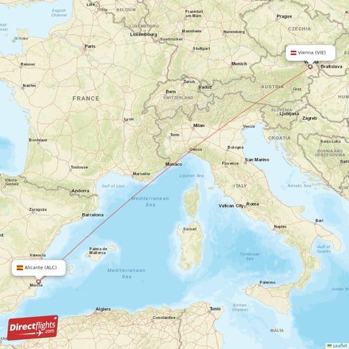 Vienna - Alicante direct flight map