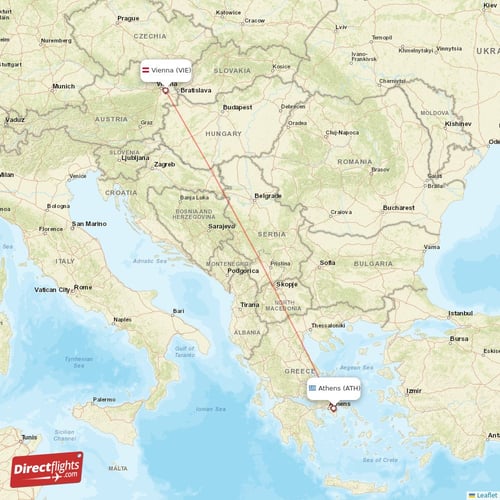 Vienna - Athens direct flight map