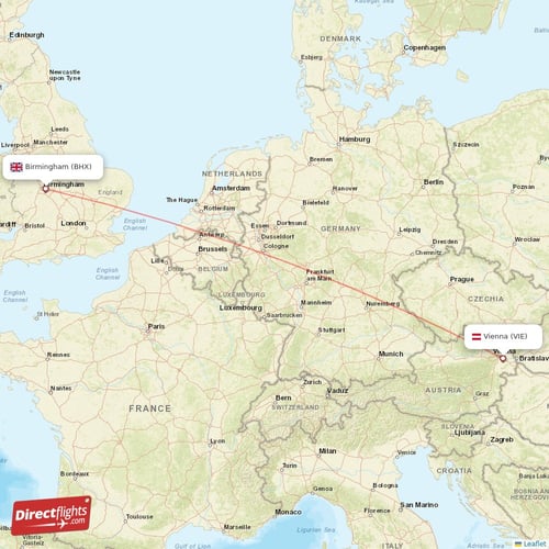 Vienna - Birmingham direct flight map