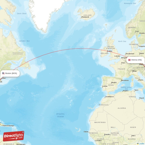 Vienna - Boston direct flight map
