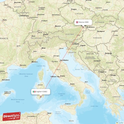 Vienna - Cagliari direct flight map