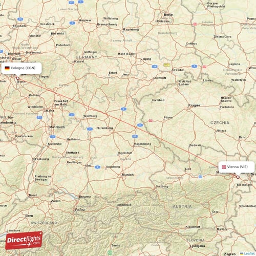 Vienna - Cologne direct flight map