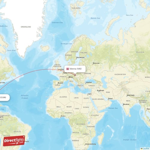 Vienna - Cancun direct flight map
