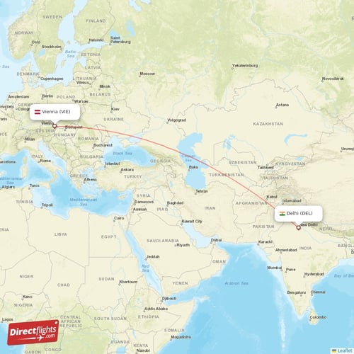 Vienna - Delhi direct flight map