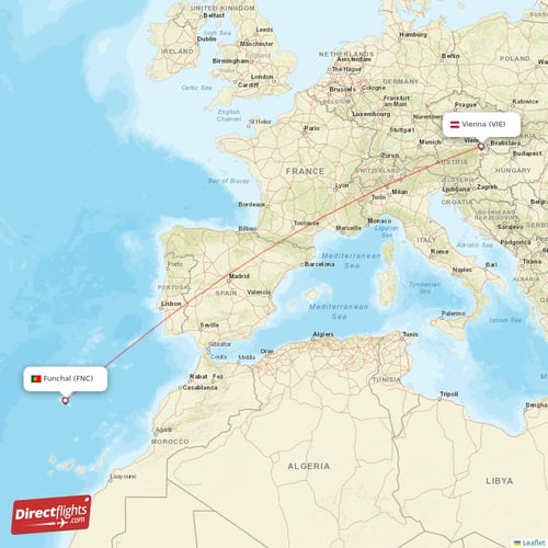 Vienna - Funchal direct flight map