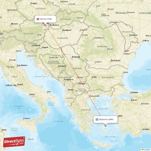Vienna - Mykonos direct flight map