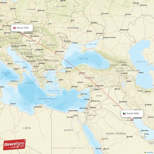 Vienna - Kuwait direct flight map