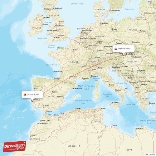 Vienna - Lisbon direct flight map