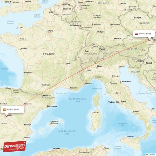 Vienna - Madrid direct flight map