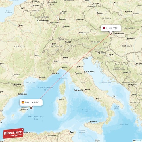 Vienna - Menorca direct flight map