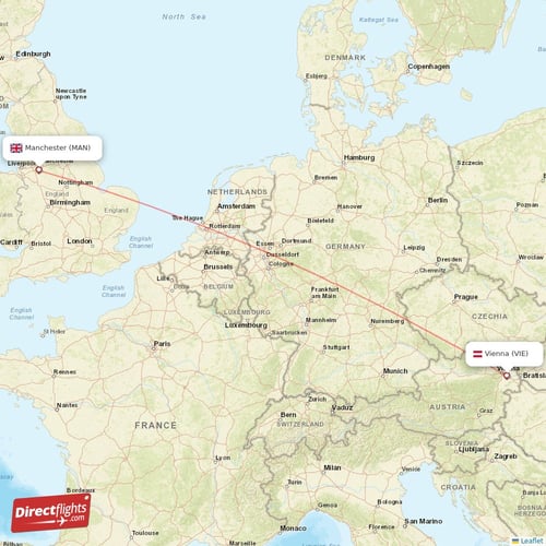 Vienna - Manchester direct flight map