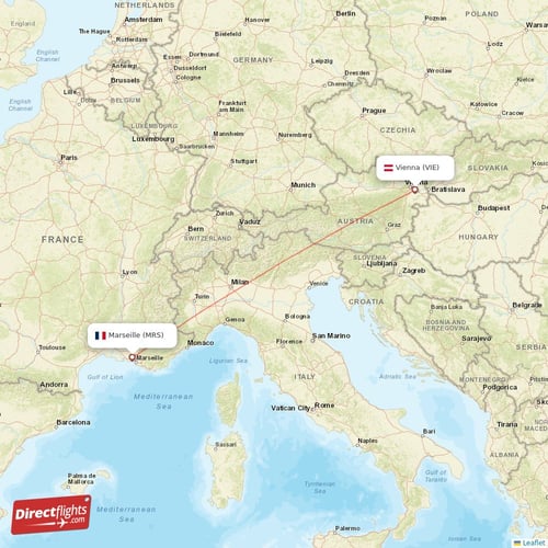 Vienna - Marseille direct flight map