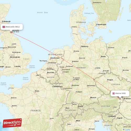 Vienna - Newcastle direct flight map