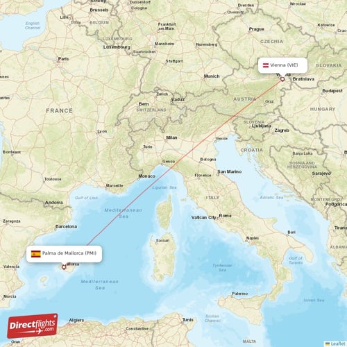 Vienna - Palma de Mallorca direct flight map