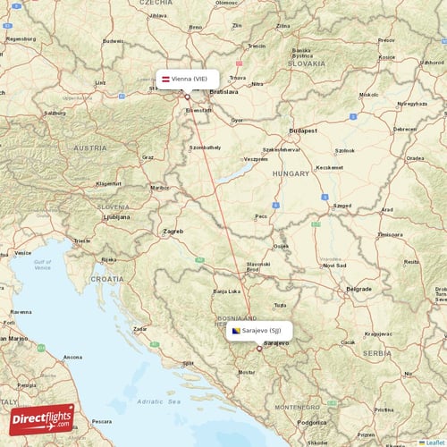 Vienna - Sarajevo direct flight map