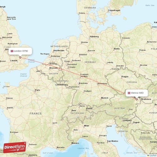 Vienna - London direct flight map