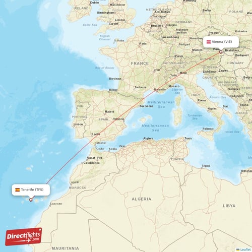 Vienna - Tenerife direct flight map