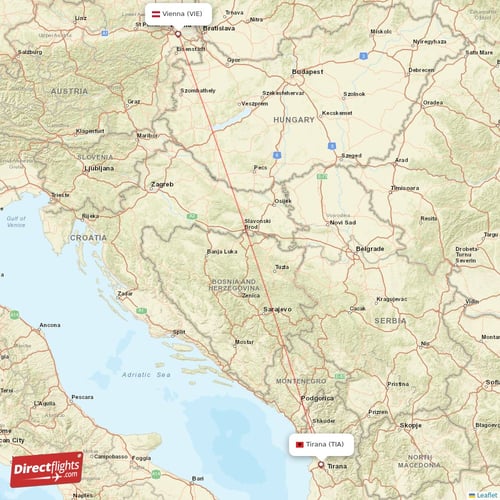 Vienna - Tirana direct flight map