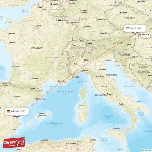 Vienna - Valencia direct flight map