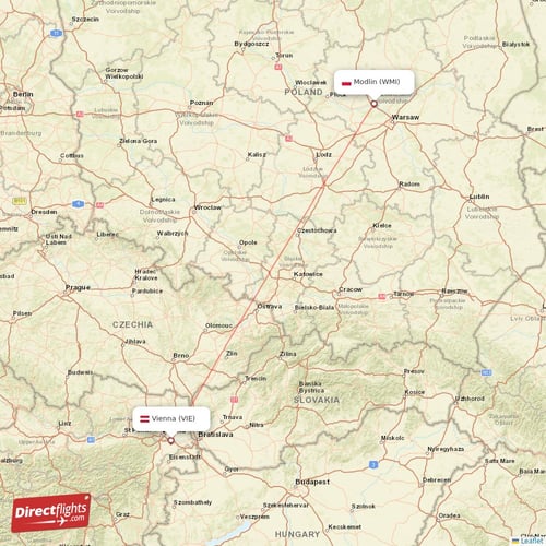 Vienna - Modlin direct flight map
