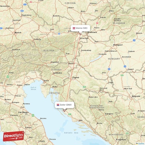 Vienna - Zadar direct flight map