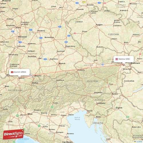 Vienna - Zurich direct flight map