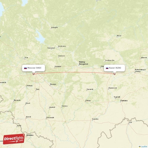 Moscow - Kazan direct flight map