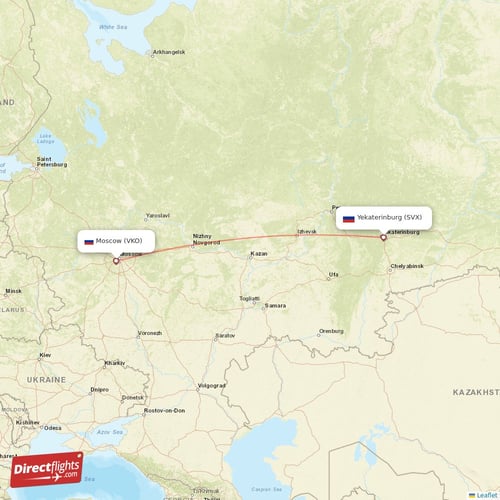 Moscow - Yekaterinburg direct flight map