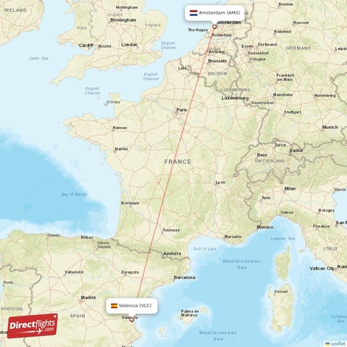 Valencia - Amsterdam direct flight map