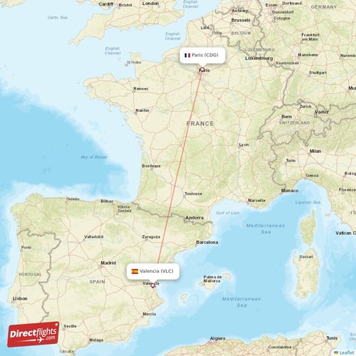 Valencia - Paris direct flight map