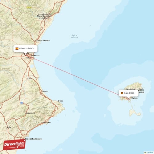 Valencia - Ibiza direct flight map