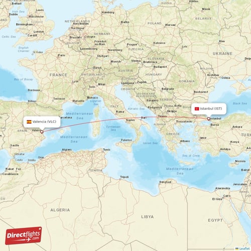 Valencia - Istanbul direct flight map