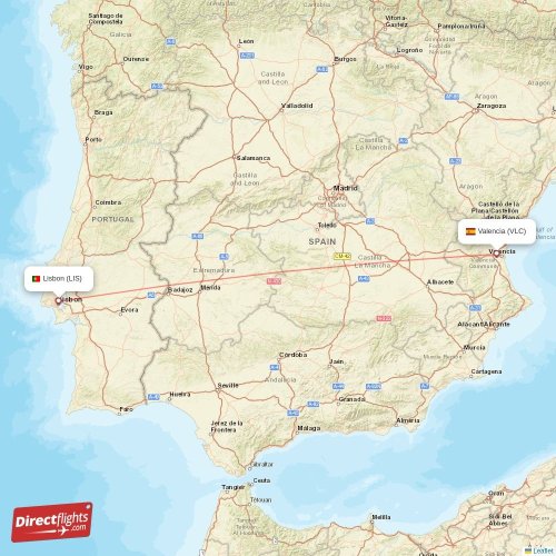 Valencia - Lisbon direct flight map