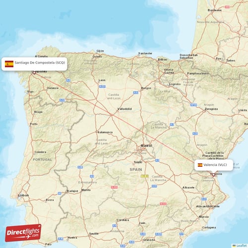 Valencia - Santiago De Compostela direct flight map