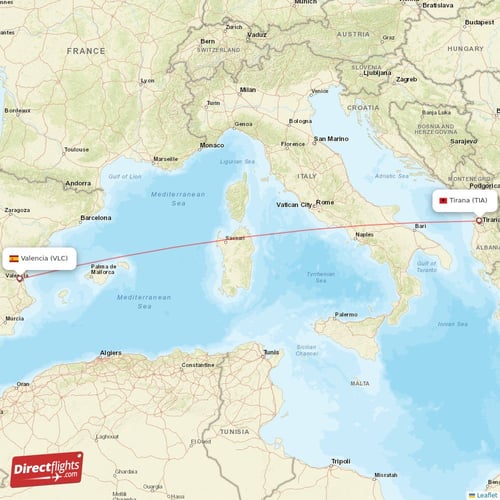 Valencia - Tirana direct flight map