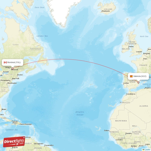 Valencia - Montreal direct flight map