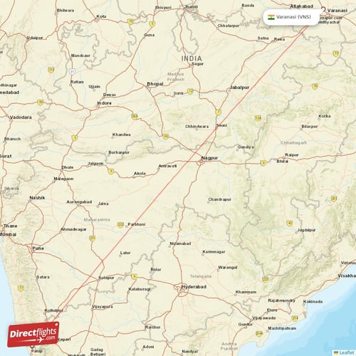 Varanasi - Goa direct flight map
