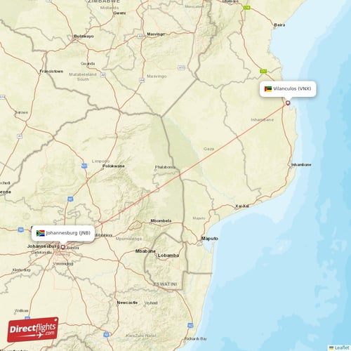 Vilanculos - Johannesburg direct flight map