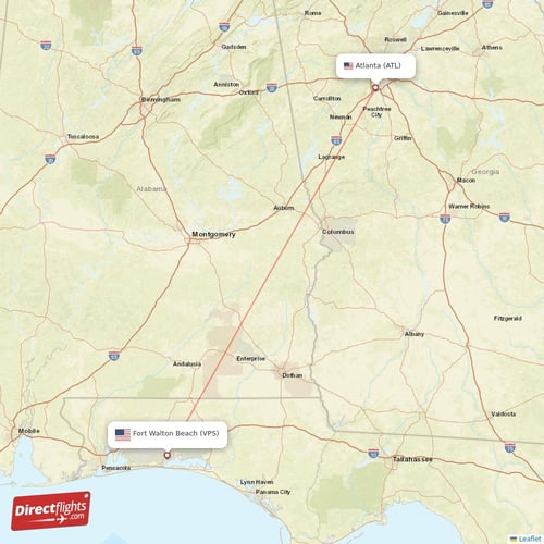 Fort Walton Beach - Atlanta direct flight map