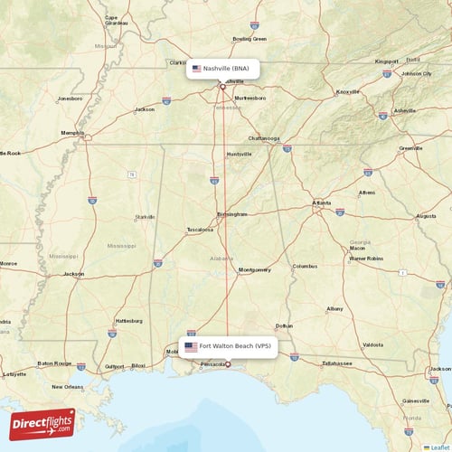 Fort Walton Beach - Nashville direct flight map