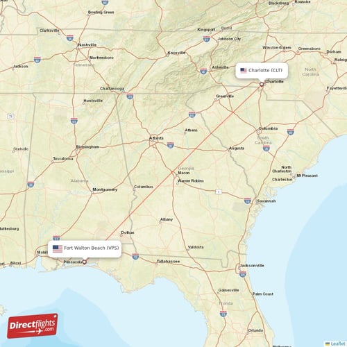 Fort Walton Beach - Charlotte direct flight map