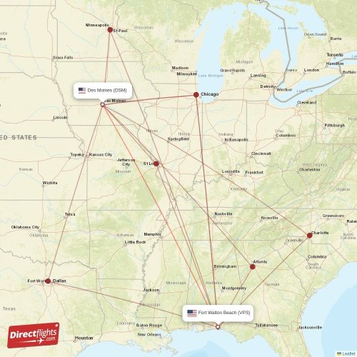 Fort Walton Beach - Des Moines direct flight map
