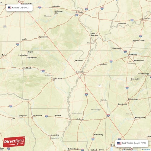 Fort Walton Beach - Kansas City direct flight map