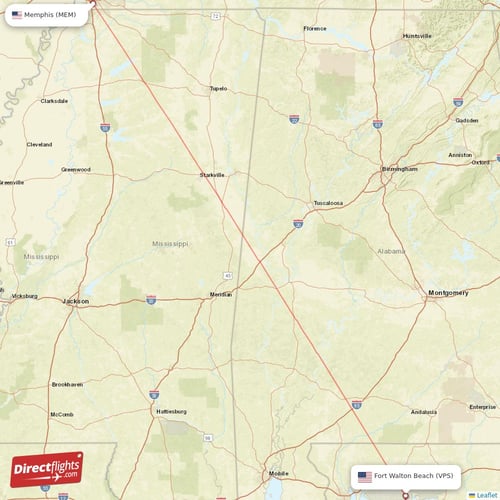 Fort Walton Beach - Memphis direct flight map