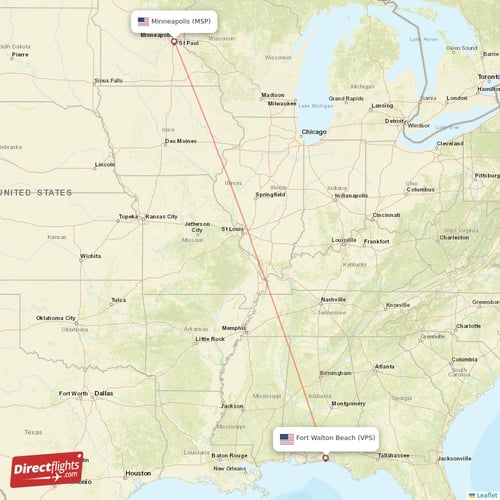 Fort Walton Beach - Minneapolis direct flight map